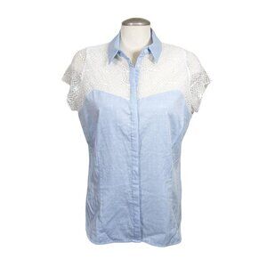 Peter Nygard Womens Button Up Top Blouse Med Lace Shoulder Chambray Blue Cotton